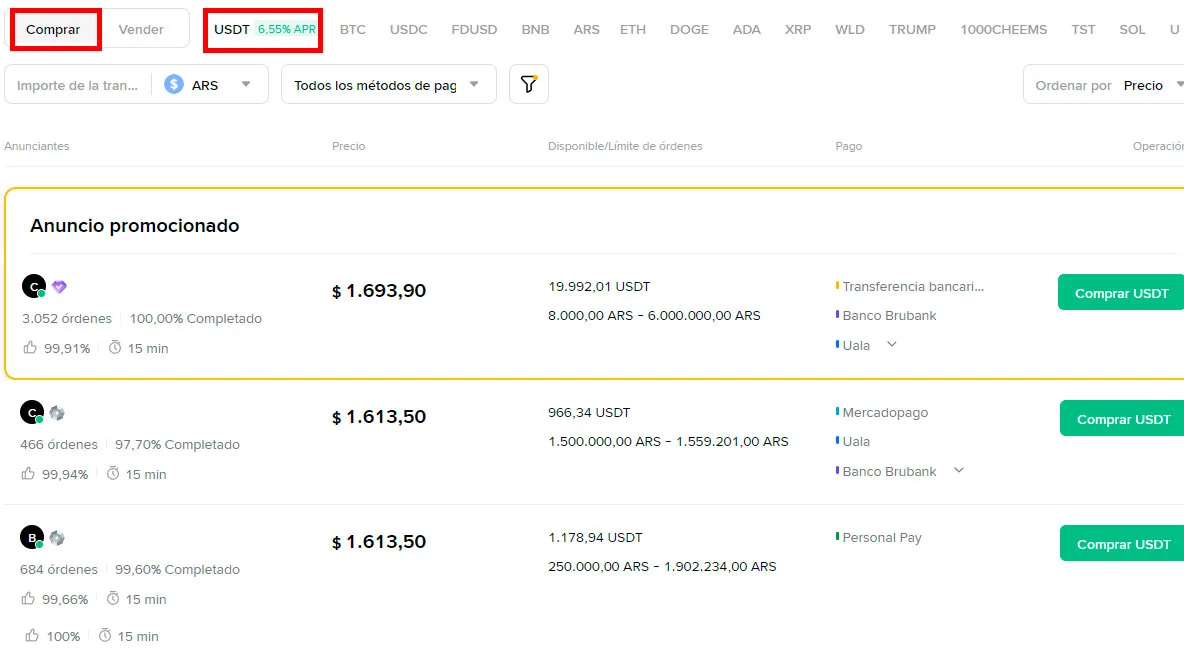 Comprar USDT con pesos argentinos en Binance P2P desde Argentina