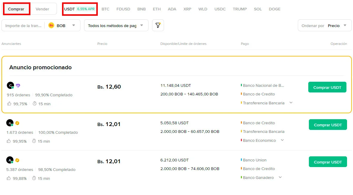 Comprar USDT con bolivianos en Binance P2P desde Bolivia