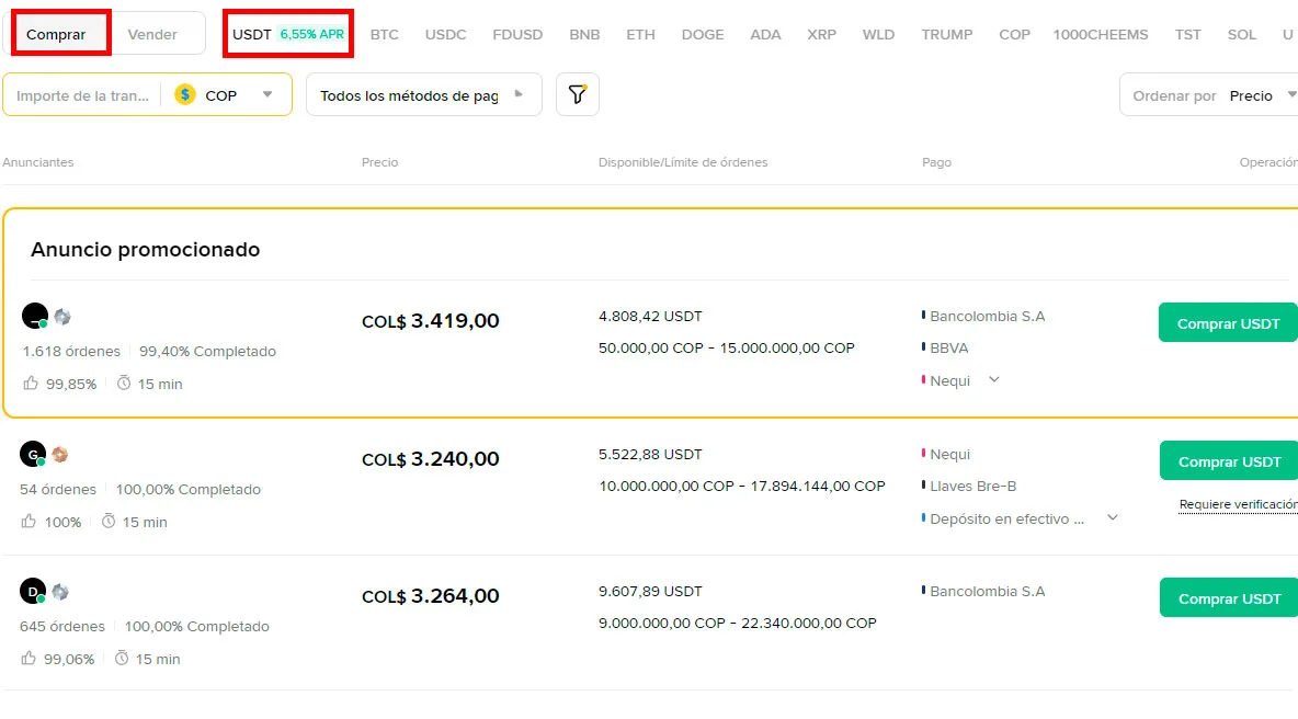 Comprar USDT con pesos colombianos en Binance P2P desde Colombia