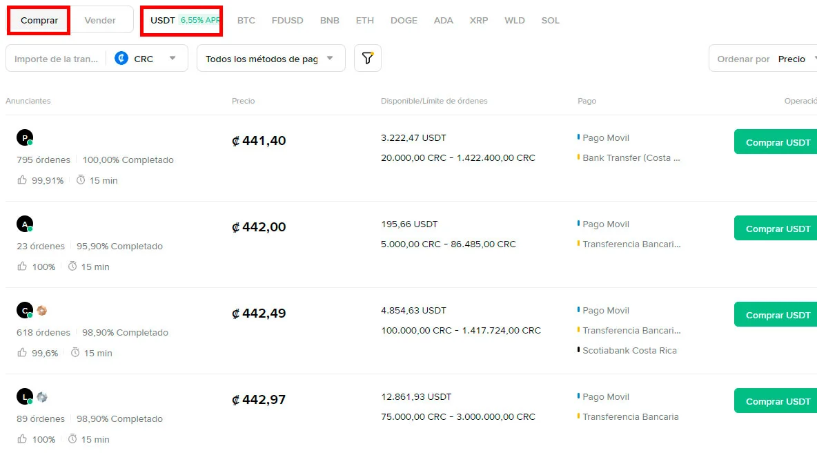 Comprar USDT con colones costarricenses en Binance P2P desde Costa Rica