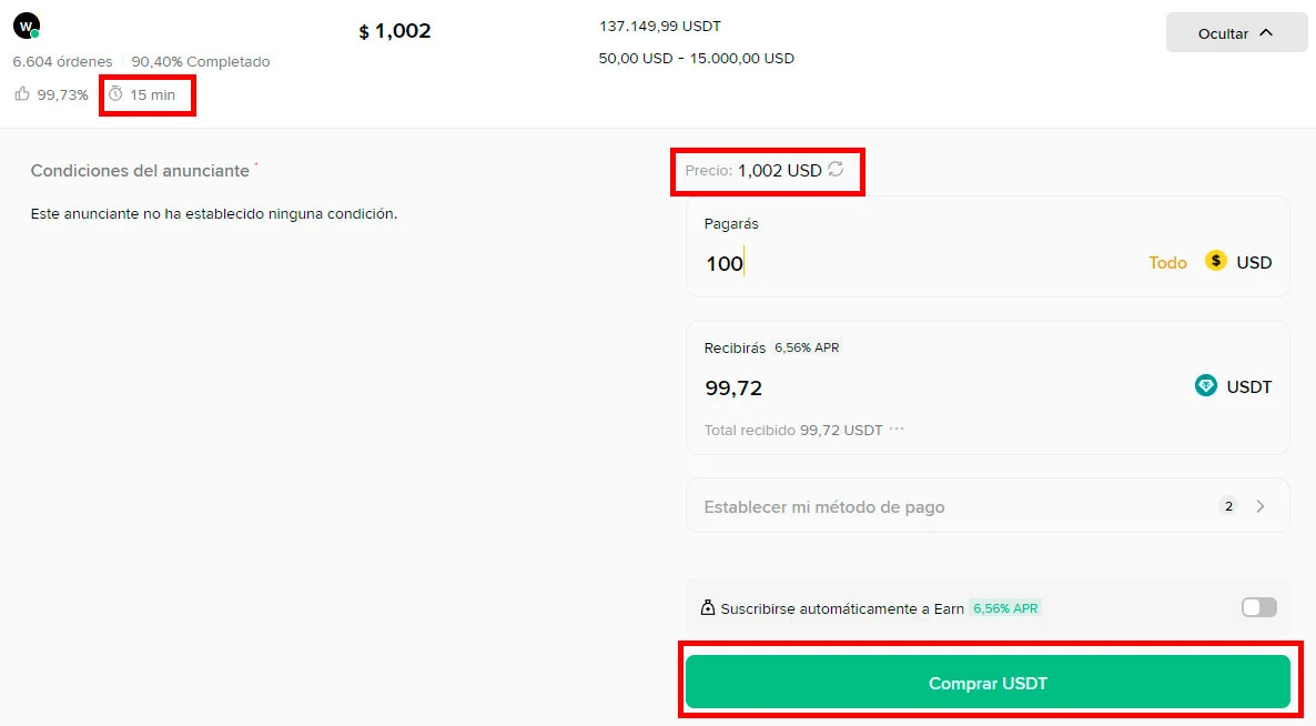Crear una orden para comprar USDT en Binance P2P