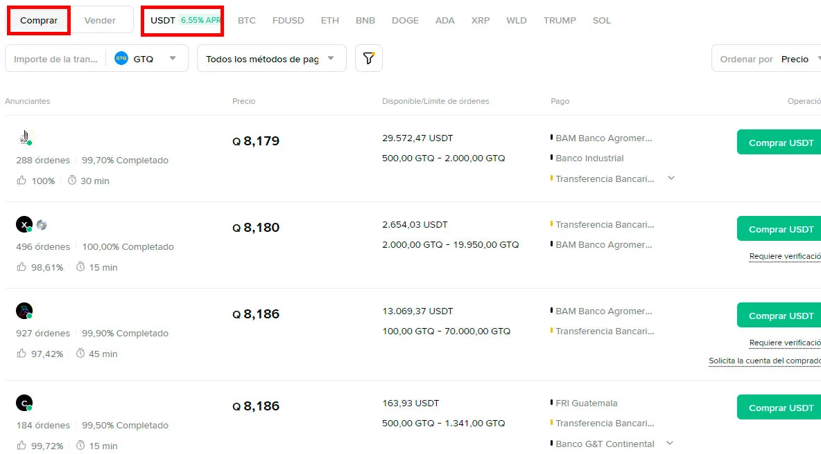 Comprar USDT con quetzales en Binance P2P desde Guatemala