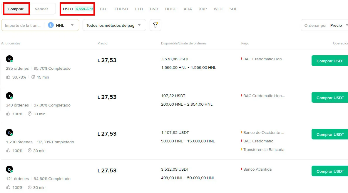 Comprar USDT con lempiras hondureños en Binance P2P desde Honduras