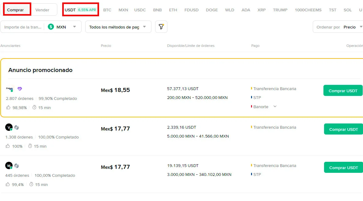 Comprar USDT con pesos mexicanos en Binance P2P desde México