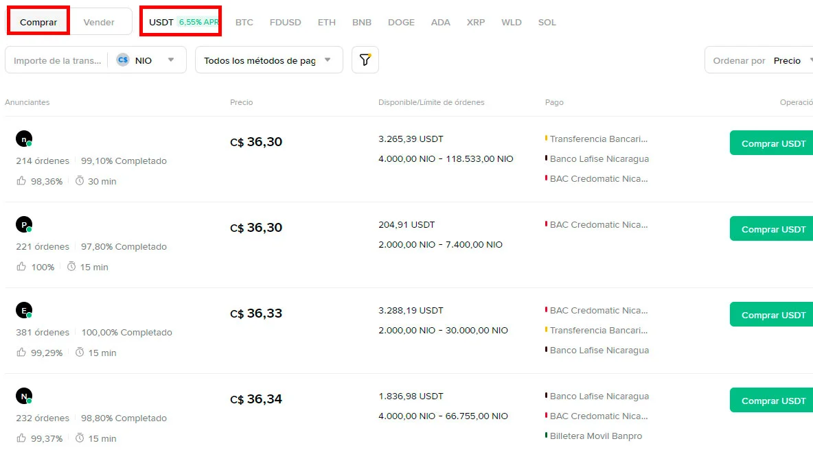 Comprar USDT con córdobas nicaragüenses en Binance P2P desde Nicaragua