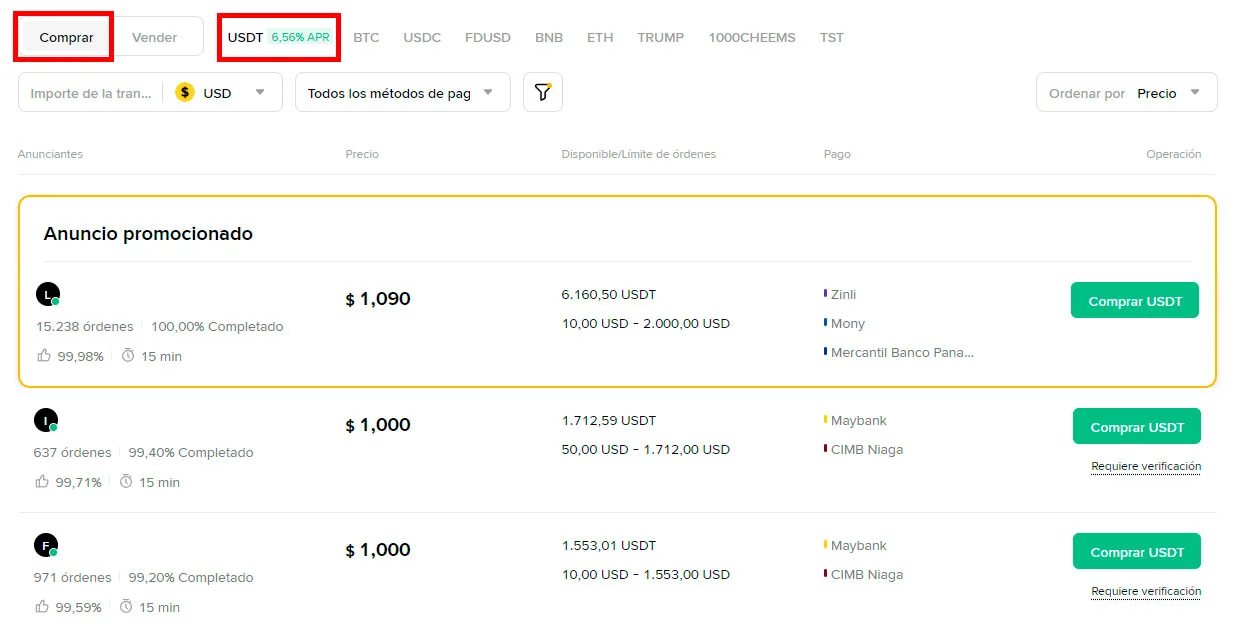 Comprar USDT con USD en Binance P2P desde Panamá