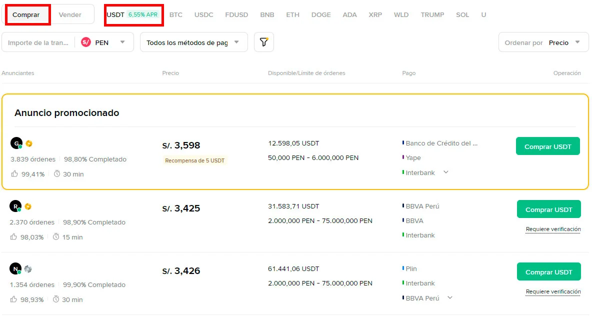 Comprar USDT con soles peruanos en Binance P2P desde Perú