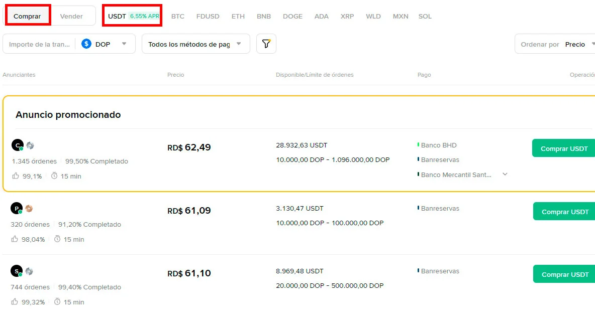 Comprar USDT con pesos dominicanos en Binance P2P desde República Dominicana