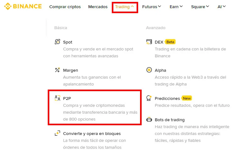 Cómo acceder a Binance P2P desde el menú Trading