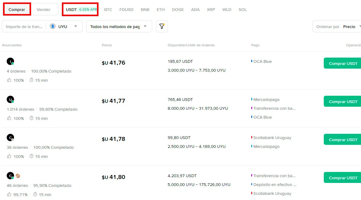 Comprar USDT con pesos uruguayos en Binance P2P desde Uruguay