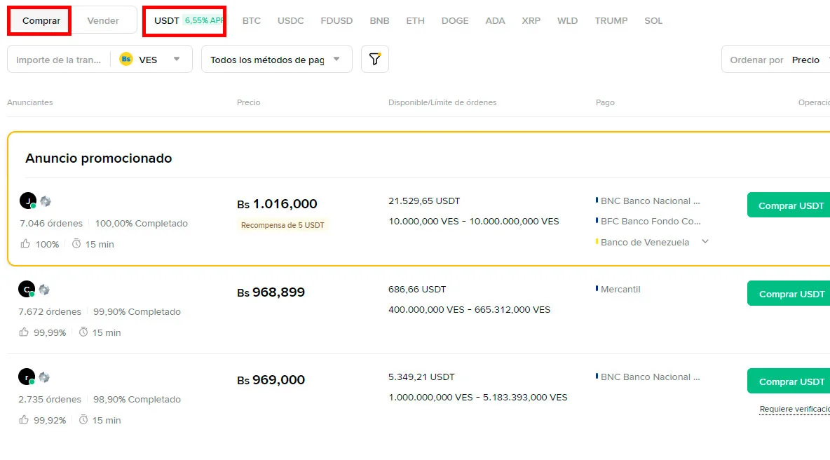 Comprar USDT con bolívares en Binance P2P desde Venezuela